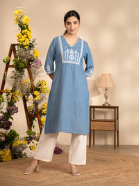 Floral Dori Yoke Indigo Kurta - Etiquette Apparel