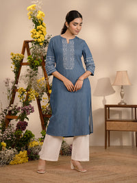 Cross Stitch Denim Indigo Kurta - Etiquette Apparel