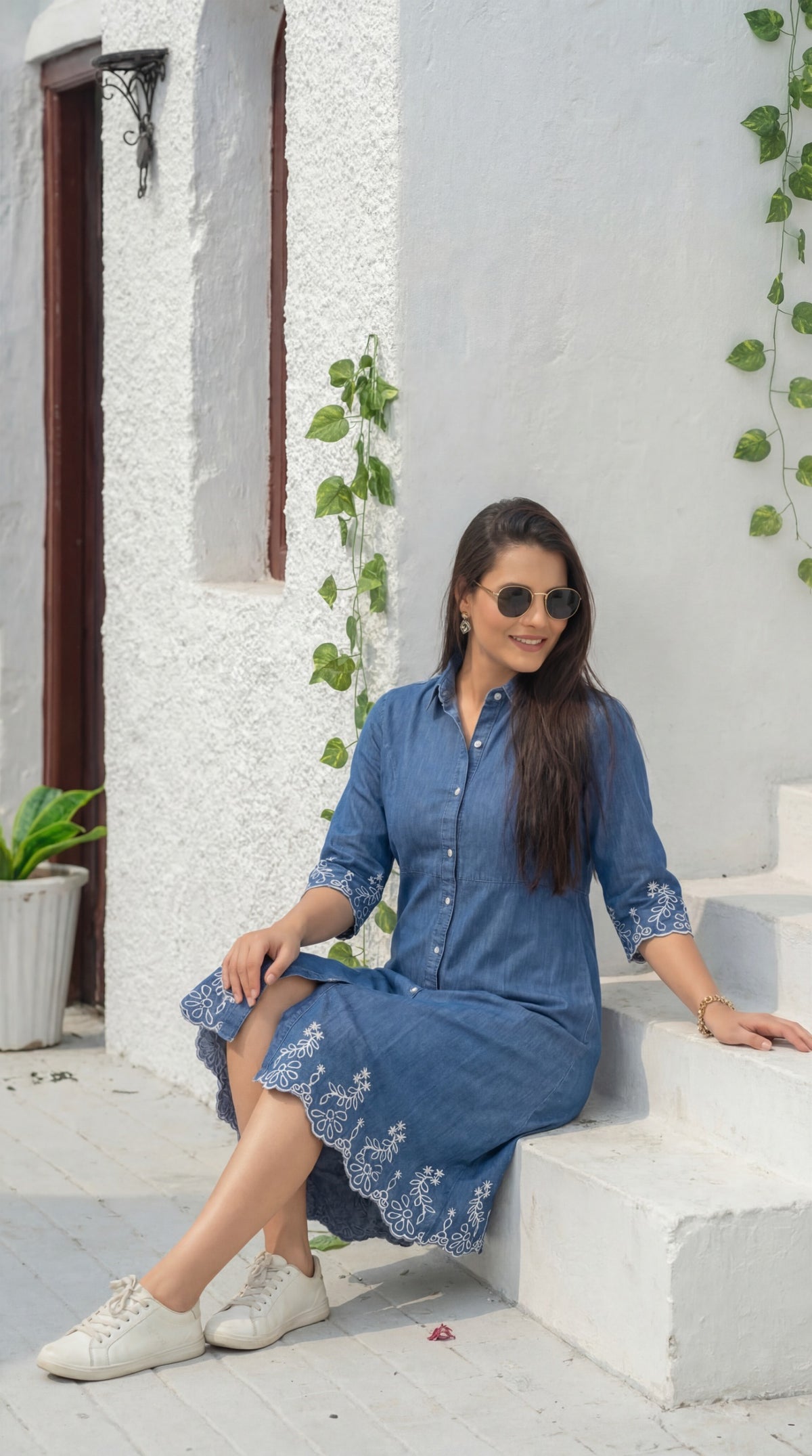 Indigo Denim Cutwork Dress - Etiquette Apparel