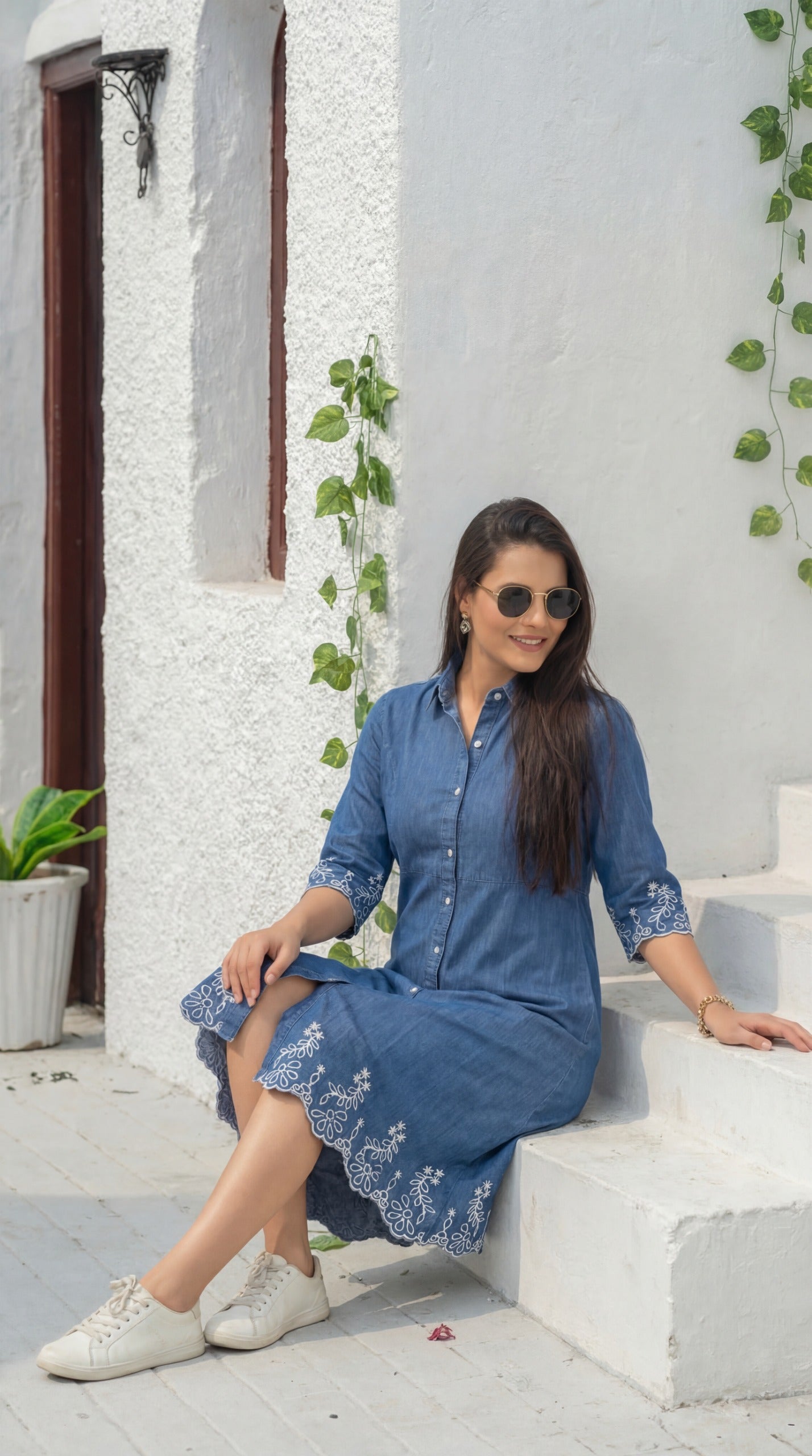 Indigo Denim Cutwork Dress - Etiquette Apparel