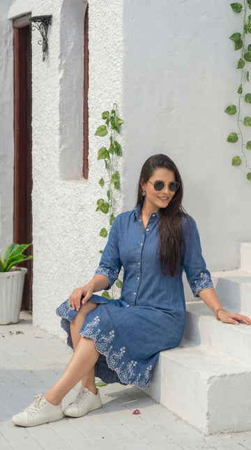 Indigo Denim Cutwork Dress - Etiquette Apparel 