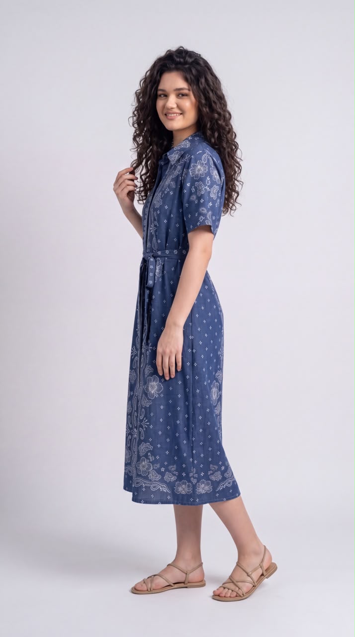 Floral Paisley Printed Denim Dress