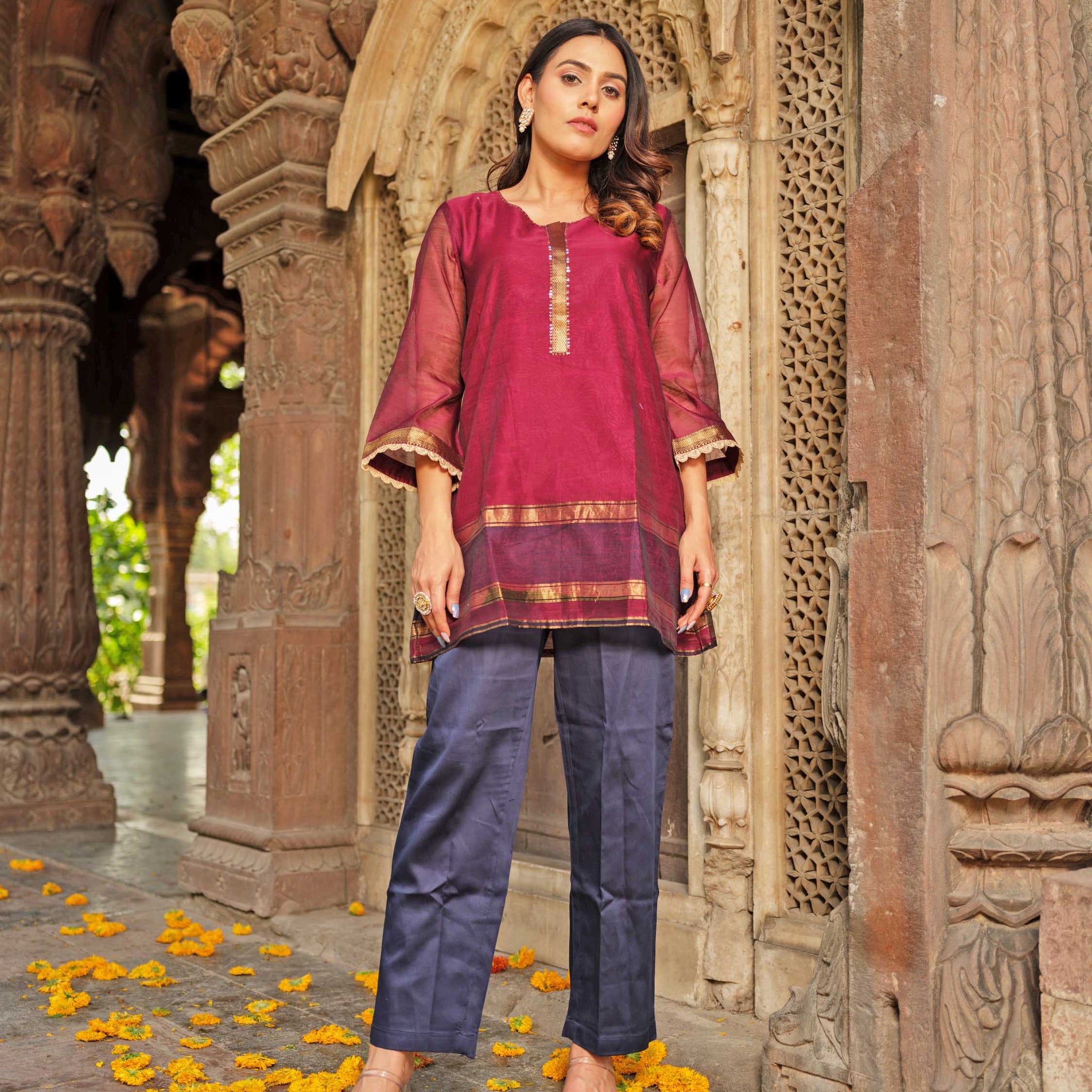 A formal short Maheshwari chanderi blend top lined with a cotton inner Etiquette Apparel