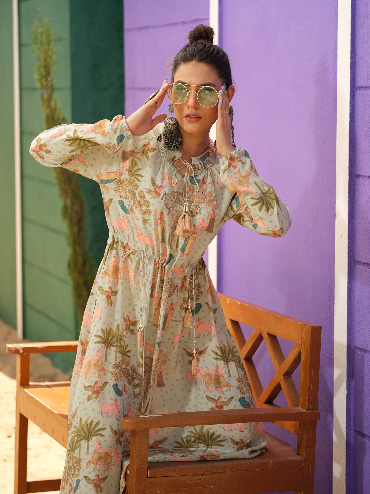 Raglan Sleeves Dress with Smocked Neck A-Line - Etiquette Apparel