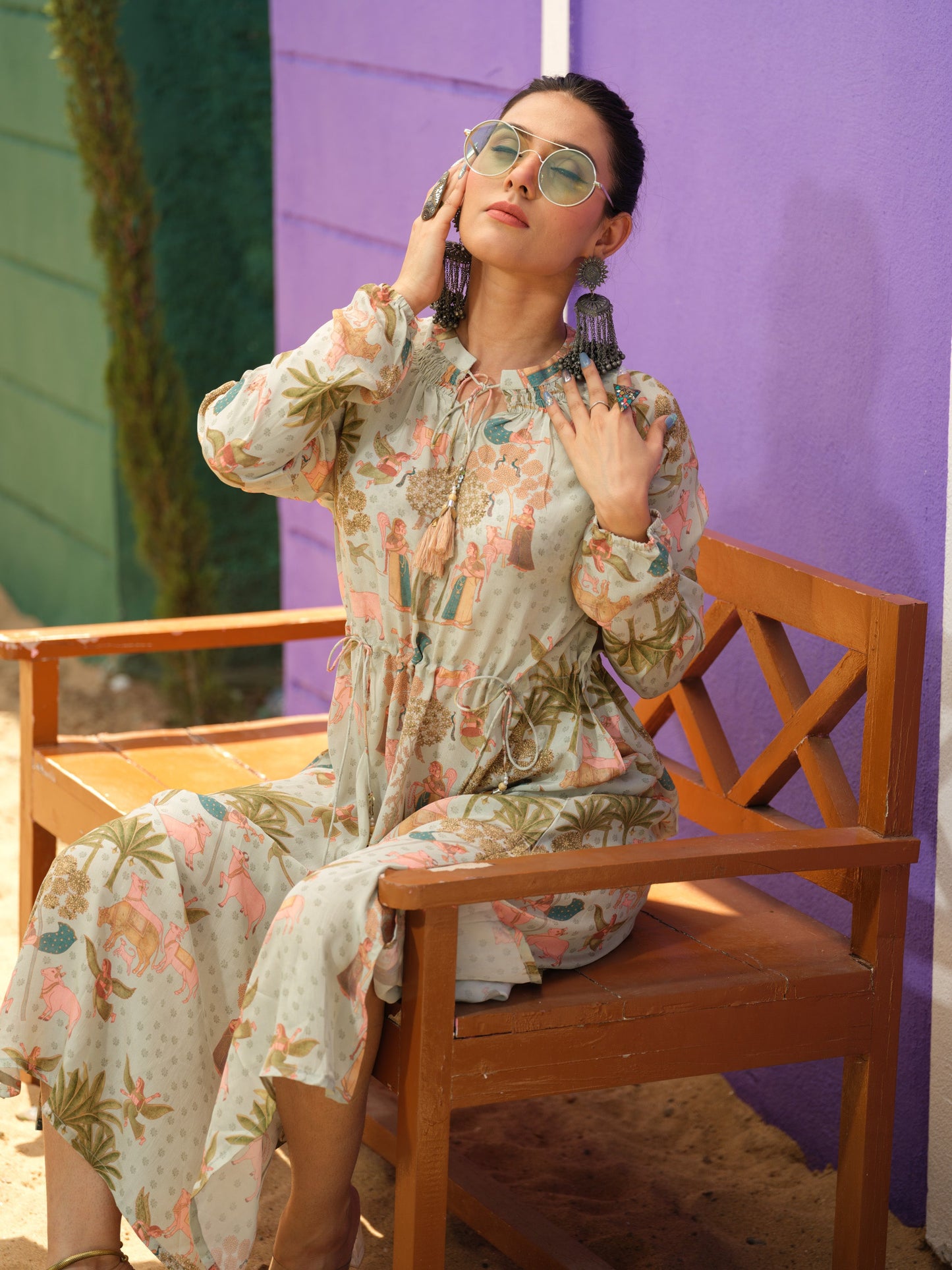 Raglan Sleeves Dress with Smocked Neck A-Line - Etiquette Apparel
