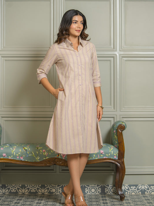 Chic Beige Striped Dress for Women - Etiquette Apparel