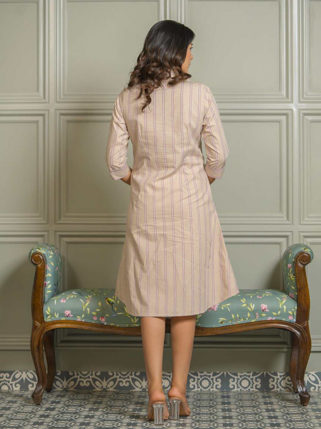 Chic Beige Striped Dress for Women - Etiquette Apparel