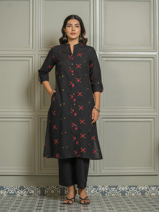 Stylish Black Ikkat Weave Women's Kurta Design - Etiquette Apparel