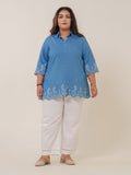 Shirt collar denim top with cutwork embroidery - Etiquette Apparel 