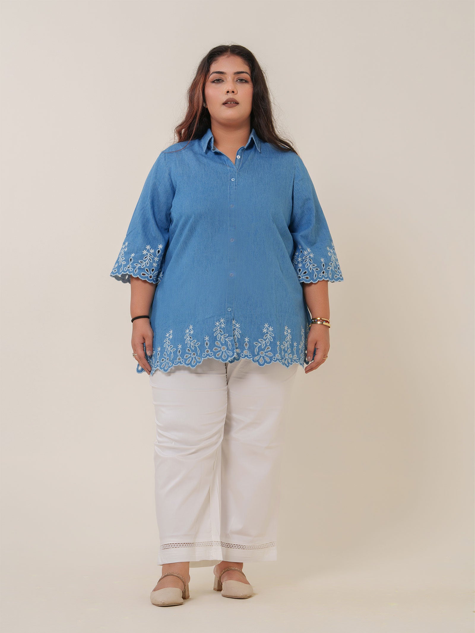 Shirt collar denim top with cutwork embroidery - Etiquette Apparel 