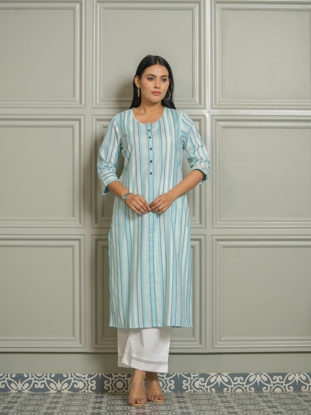 Women's Light Blue Cotton Striped Kurta