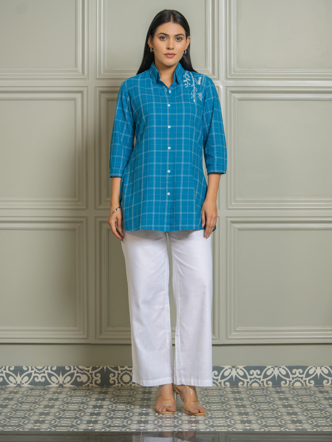 Women Checked Shirts Rust & Teal Embroidery - Etiquette Apparel 
