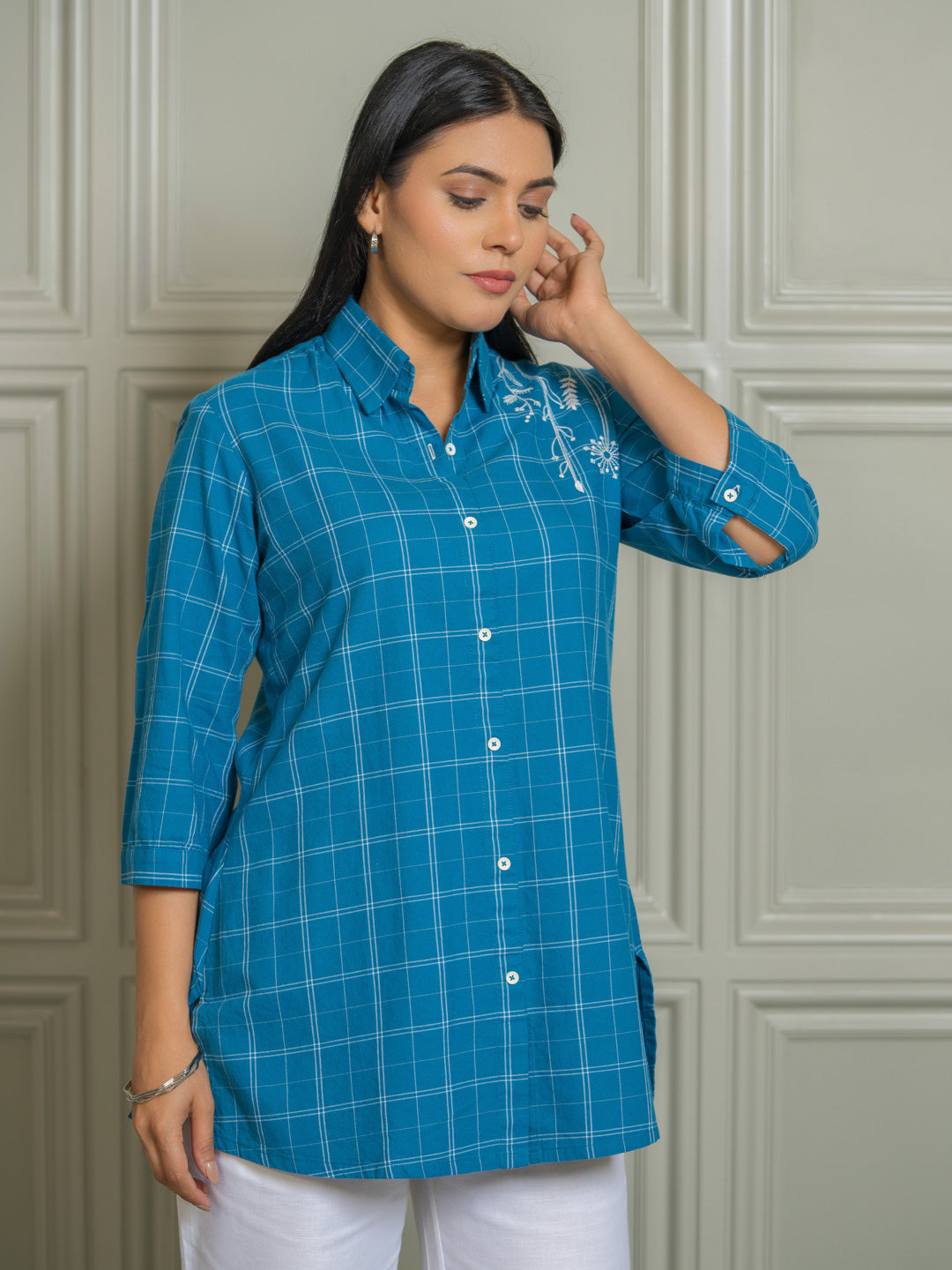 Product Carousel Image 9: Women’s Checked Shirts – Rust & Teal Embroidery