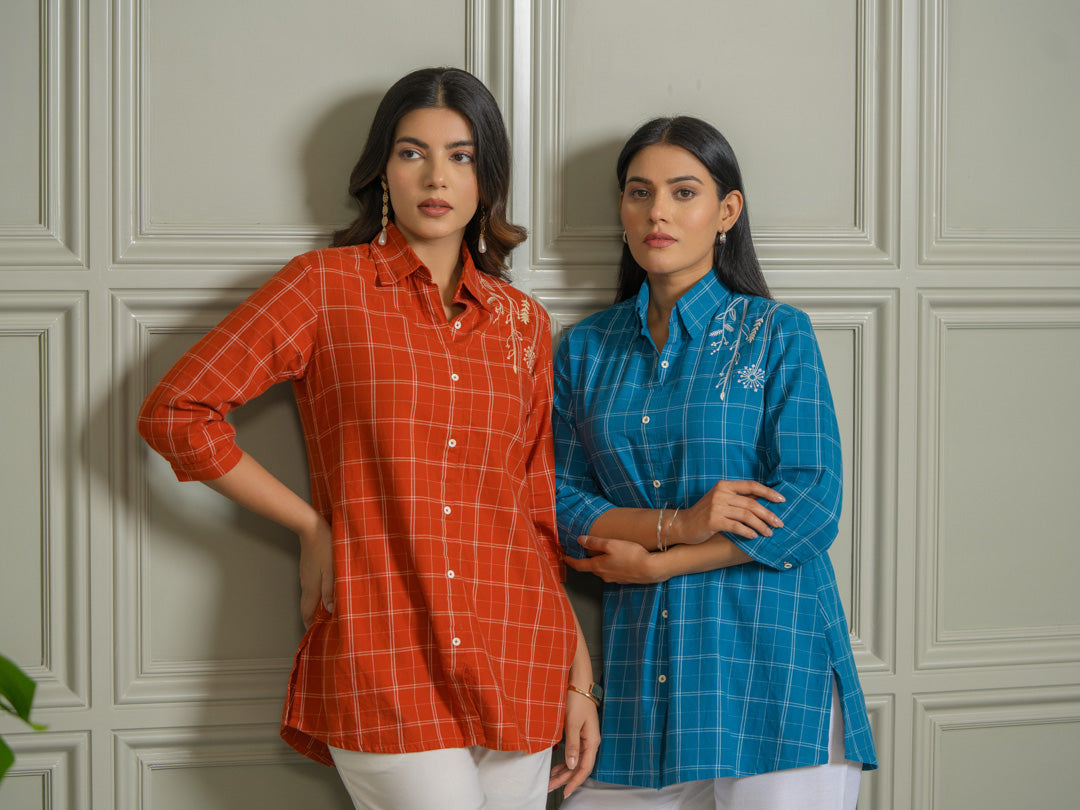 Women’s Checked Shirts – Rust & Teal Embroidery