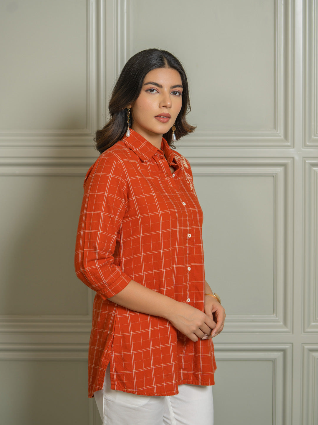 Product Carousel Image 4: Women’s Checked Shirts – Rust & Teal Embroidery