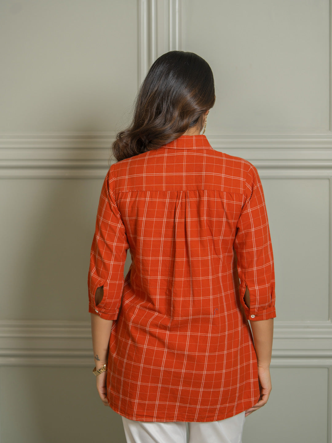 Product Carousel Image 6: Women’s Checked Shirts – Rust & Teal Embroidery