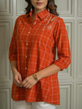 Product Carousel Image 4: Women’s Checked Shirts – Rust & Teal Embroidery