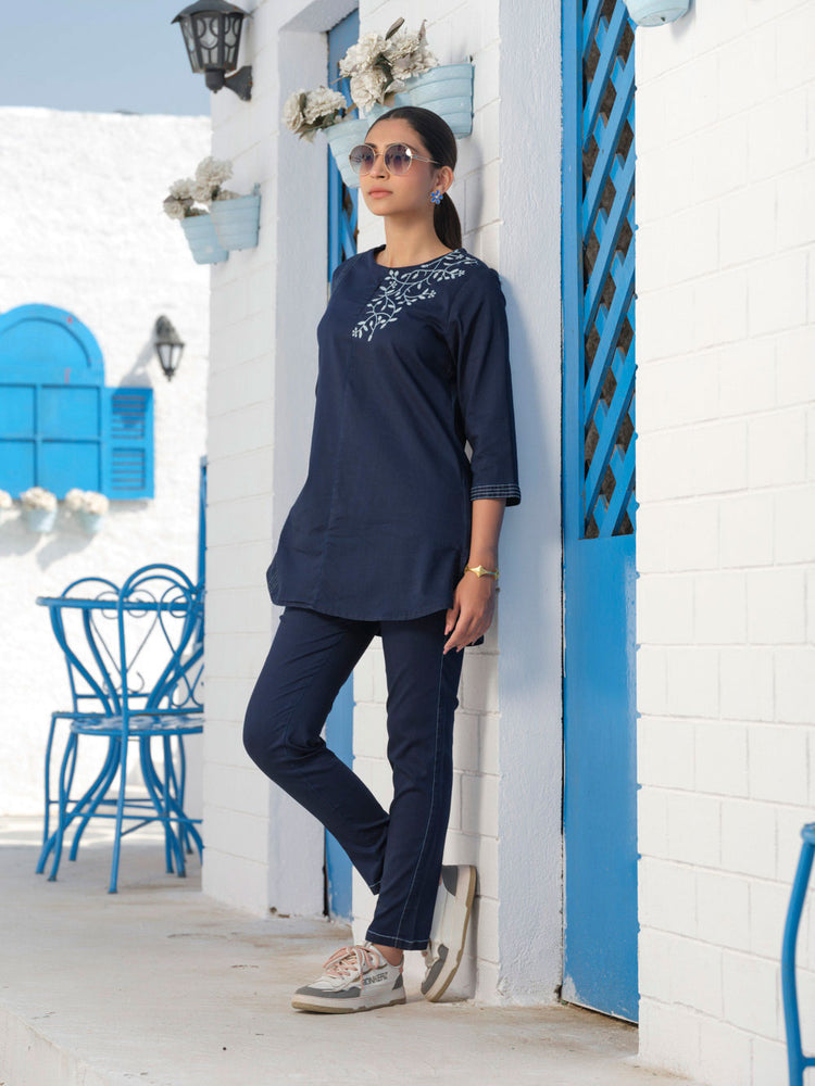 Indigo Embriodered Short Top with Full Pants - Etiquette Apparel