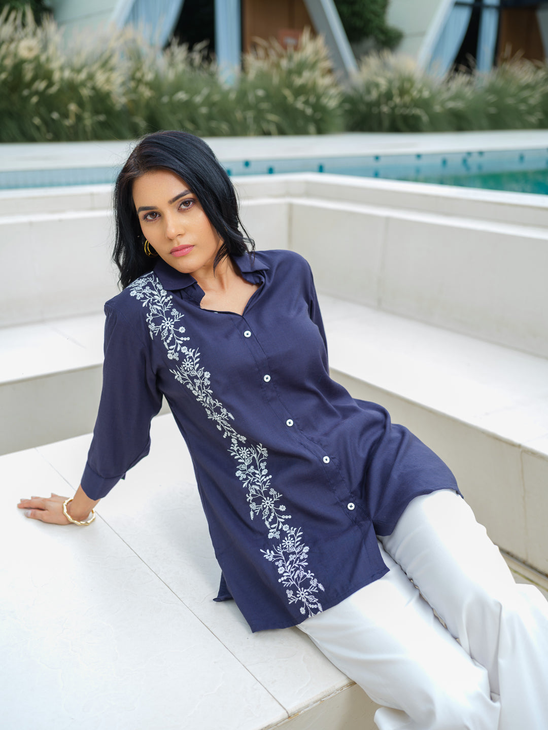 Product Carousel Image 7: Embroidered Ease Solid Coloured Top