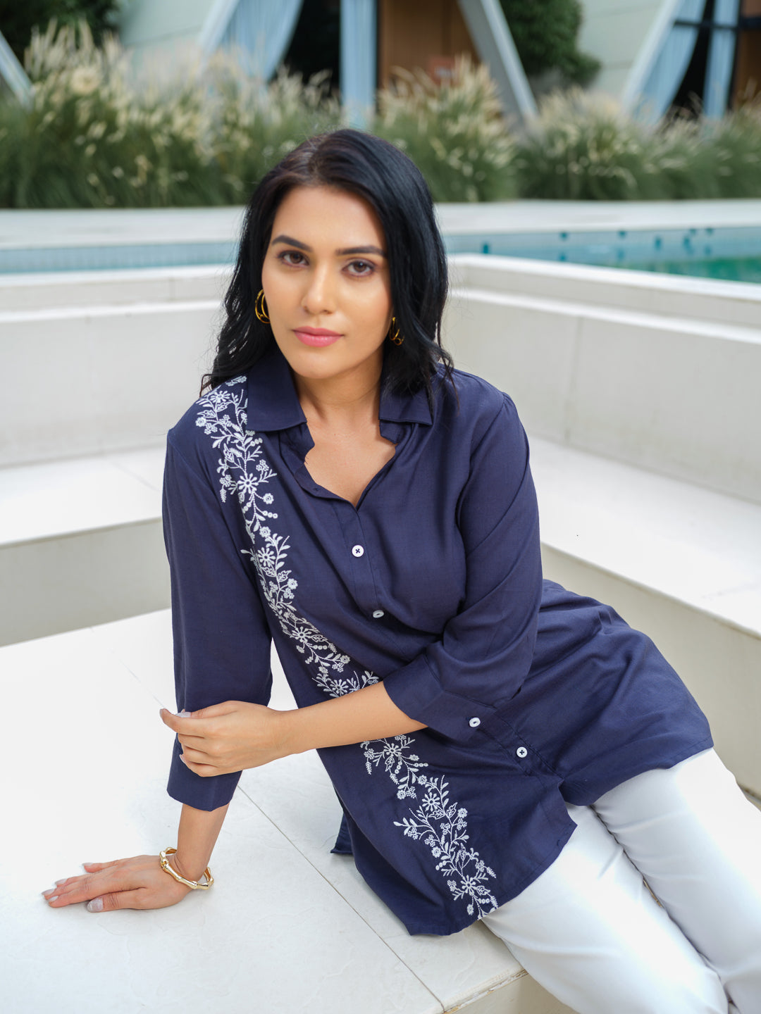 Product Carousel Image 8: Embroidered Ease Solid Coloured Top
