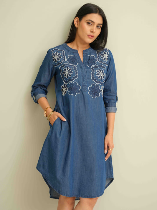 Indigo Floral Charm Dress - Etiquette Apparel