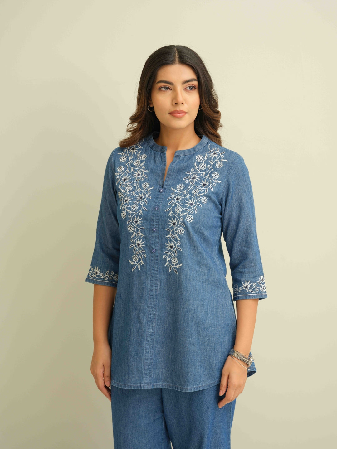 Floral Whispers on Denim Top - Etiquette Apparel 