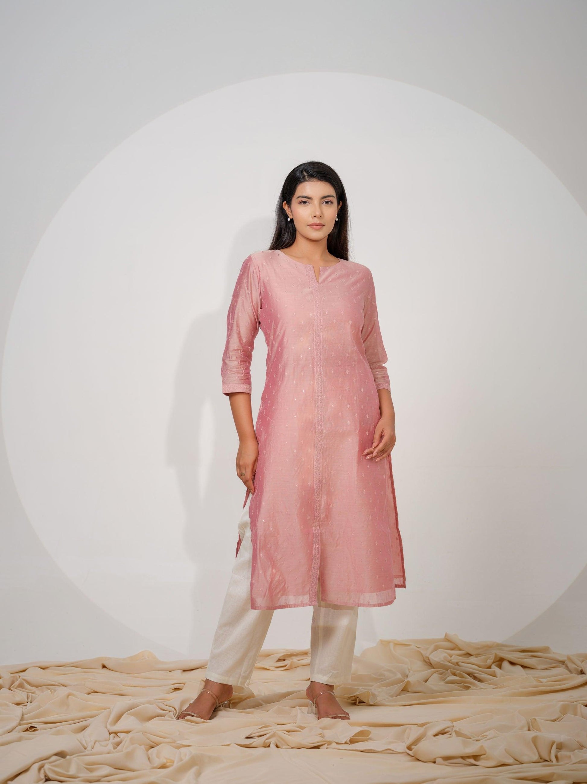 Chanderi Kurta With All Over Self Sequined Embroidery - Etiquette Apparel 