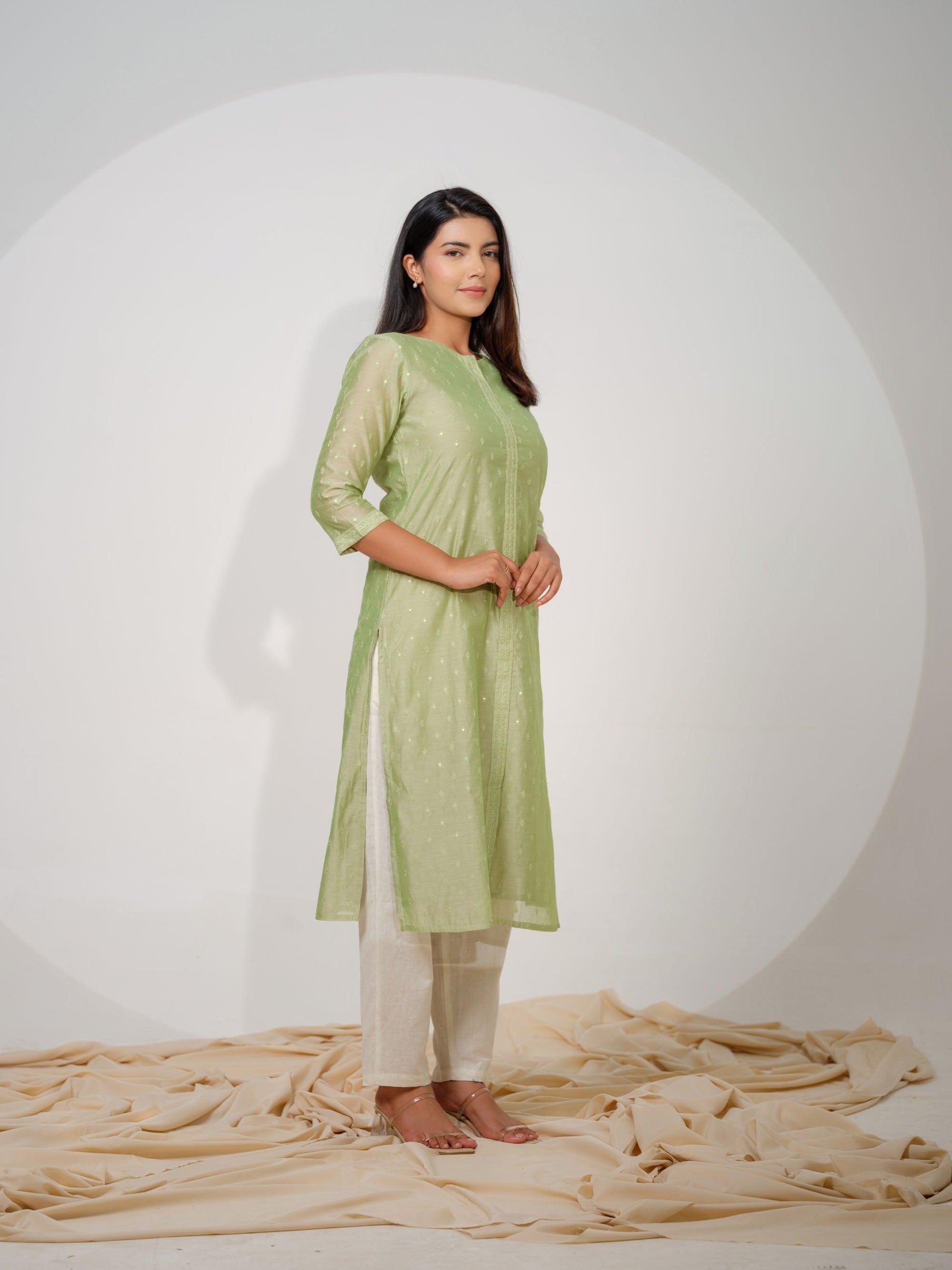 Chanderi Kurta With All Over Self Sequined Embroidery - Etiquette Apparel 