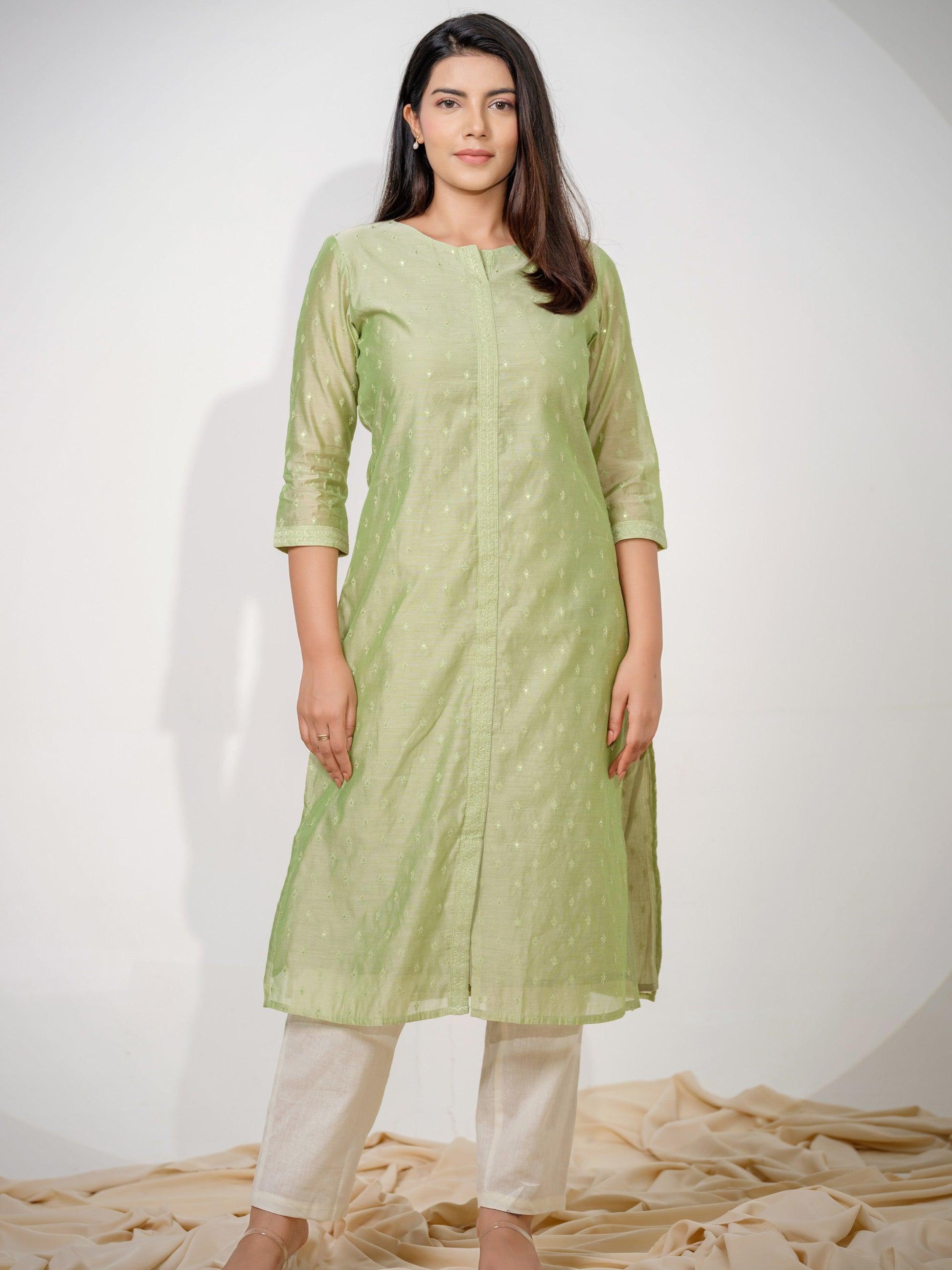 Chanderi Kurta With All Over Self Sequined Embroidery - Etiquette Apparel 