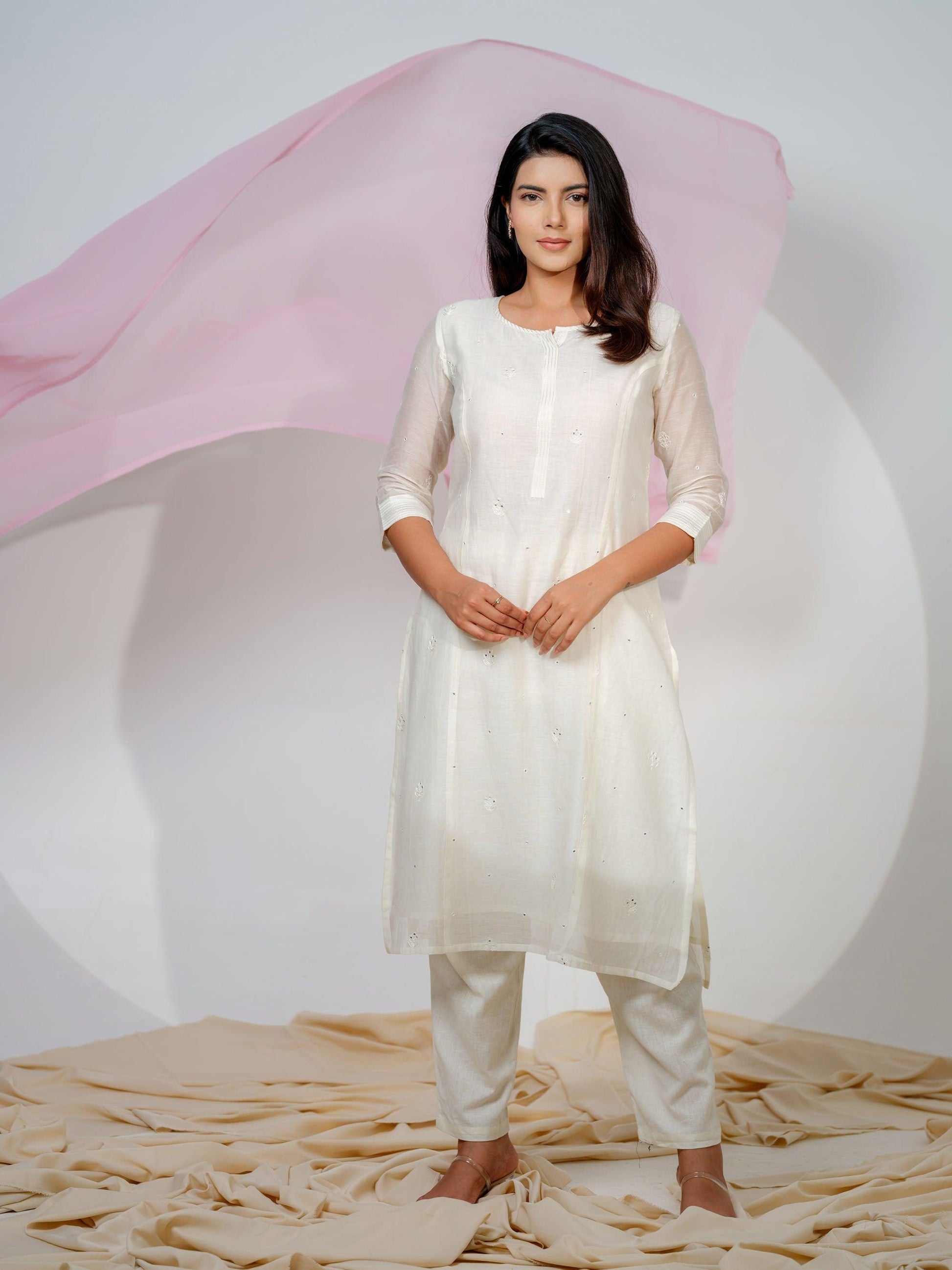 Chanderi Kurta With All Over Self Sequined Embroidery - Etiquette Apparel 