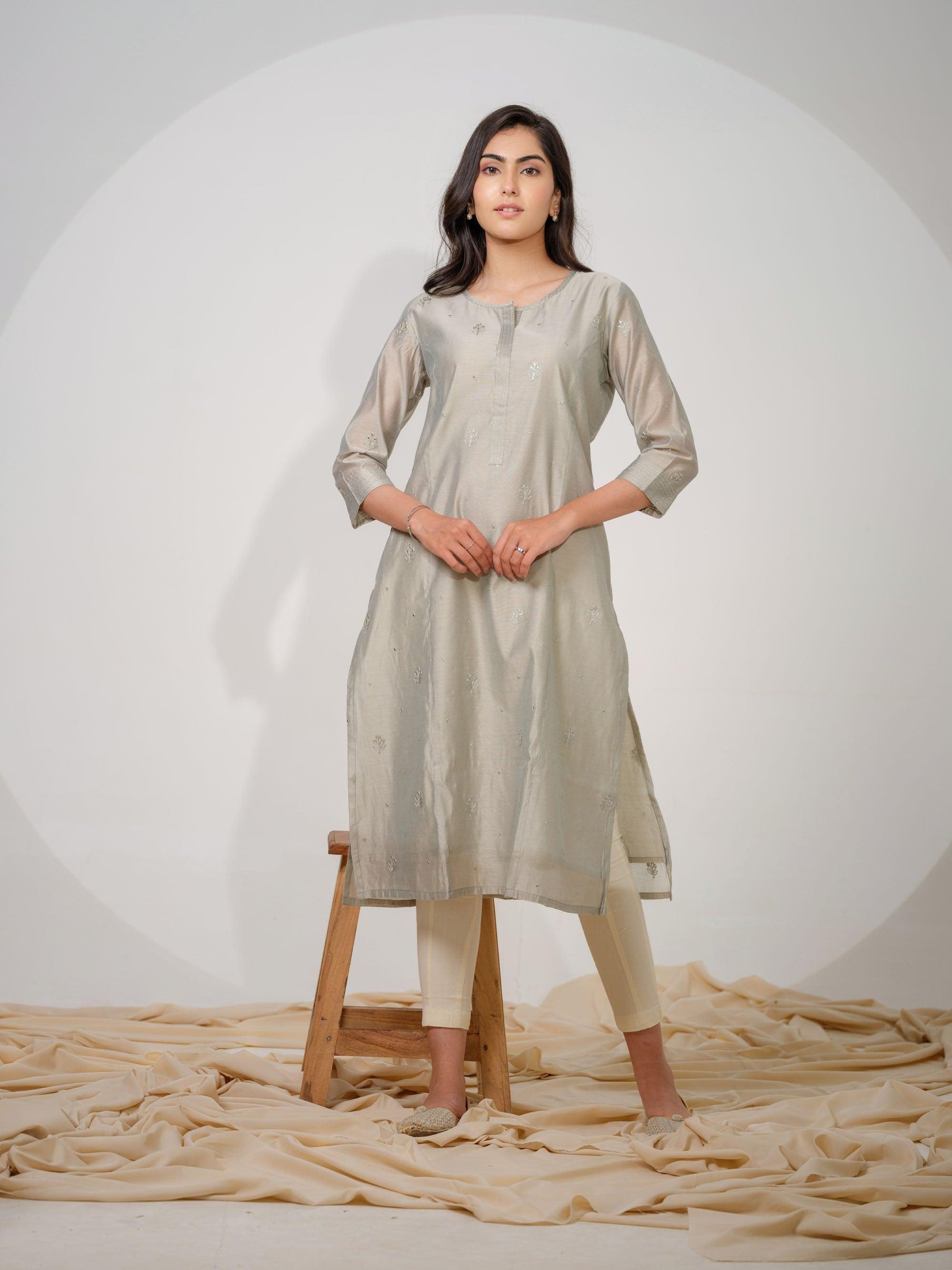 Chanderi Kurta With All Over Self Sequined Embroidery - Etiquette Apparel 