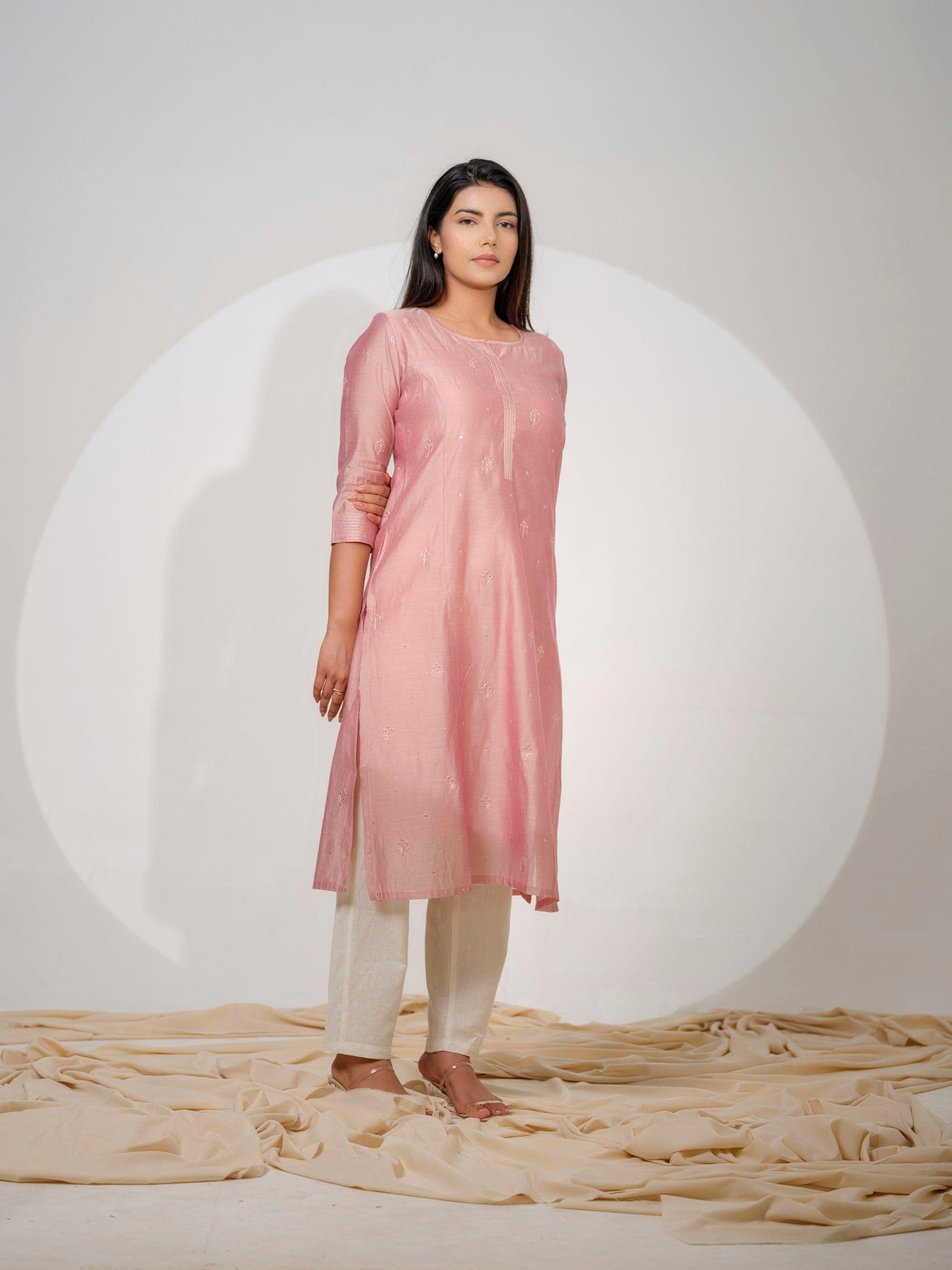 Chanderi Kurta With All Over Self Sequined Embroidery - Etiquette Apparel 