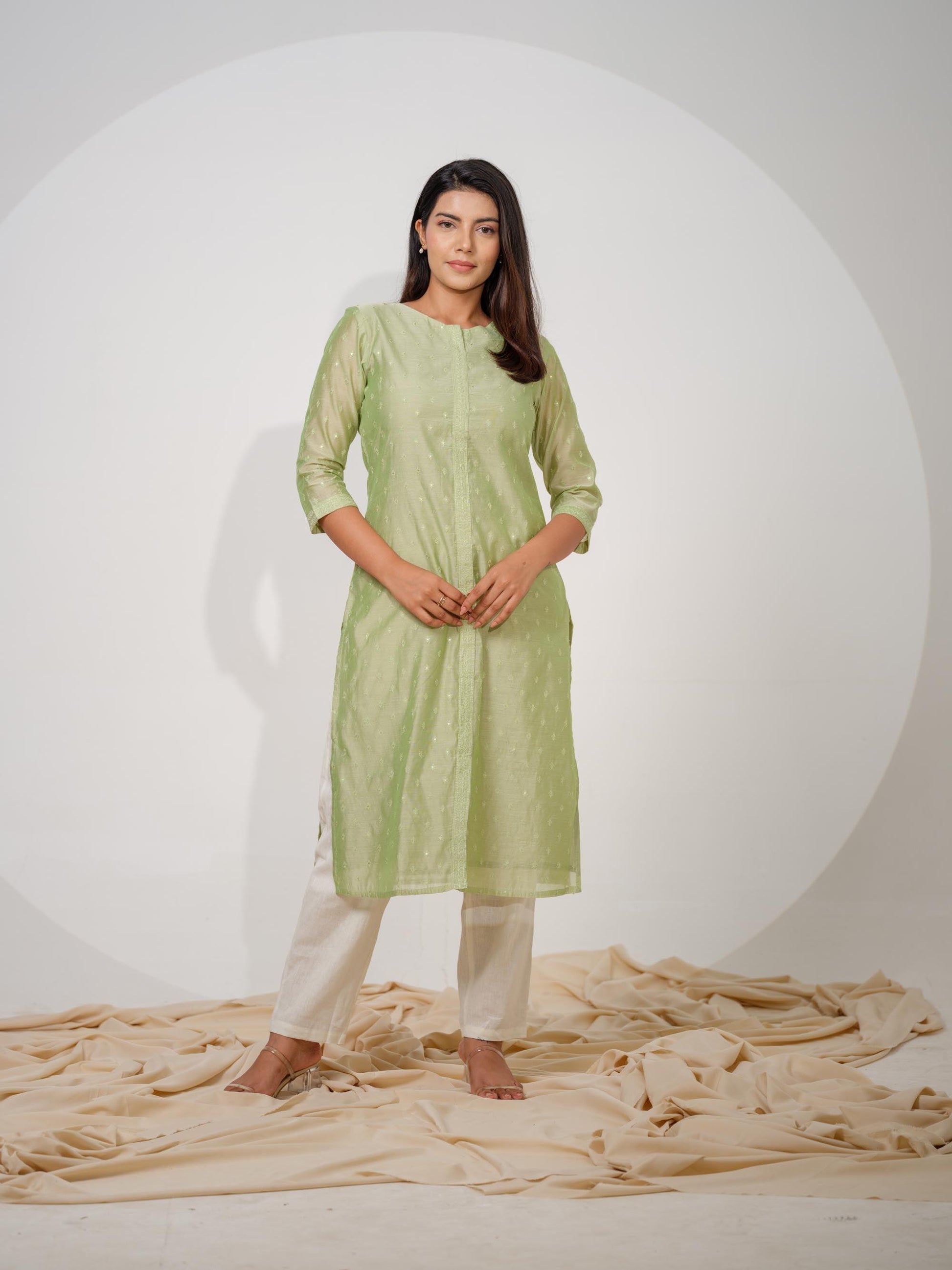 Chanderi Kurta With All Over Self Sequined Embroidery - Etiquette Apparel 