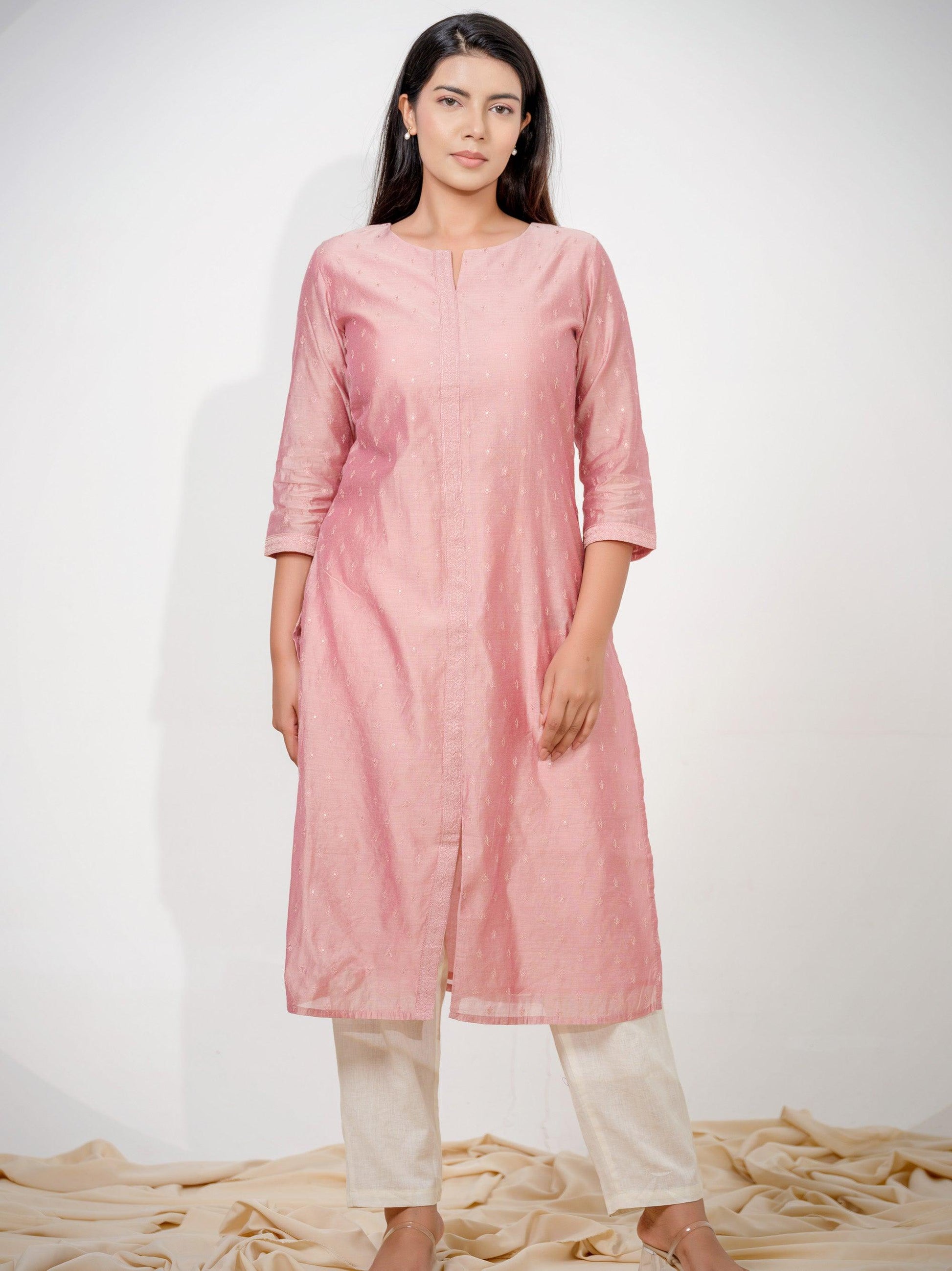 Chanderi Kurta With All Over Self Sequined Embroidery - Etiquette Apparel 