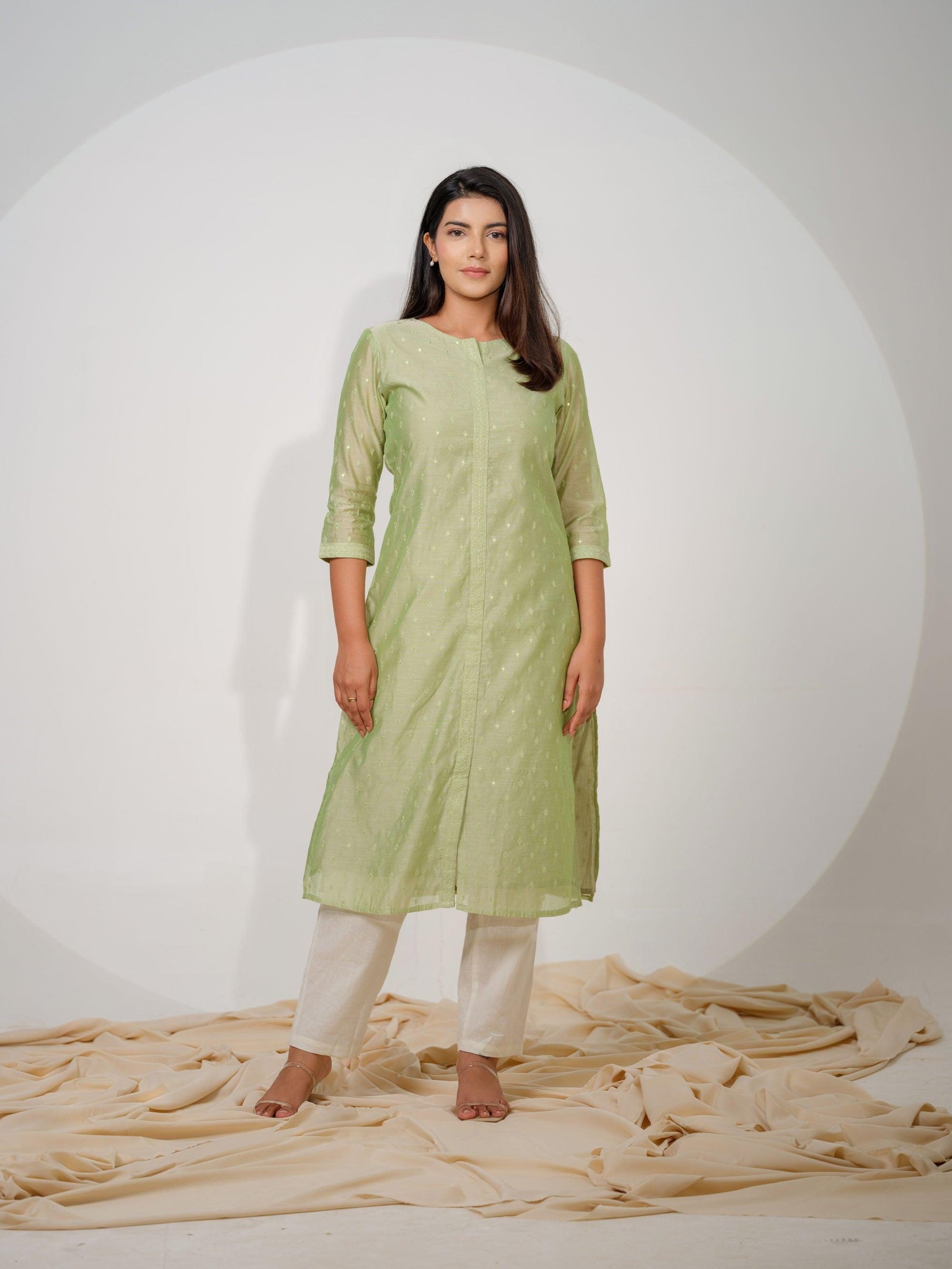 Chanderi Kurta With All Over Self Sequined Embroidery - Etiquette Apparel 