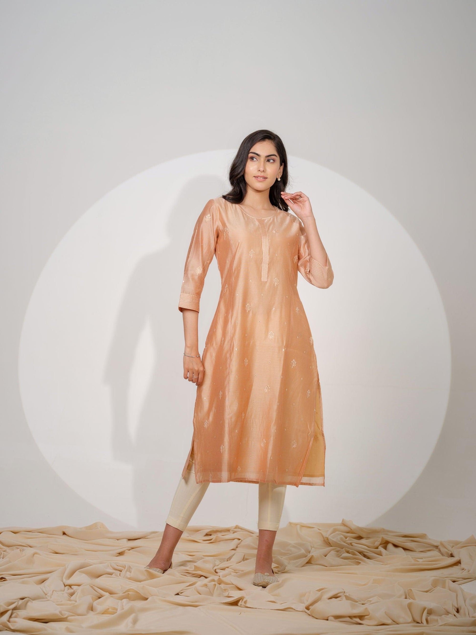 Chanderi Kurta With All Over Self Sequined Embroidery - Etiquette Apparel 