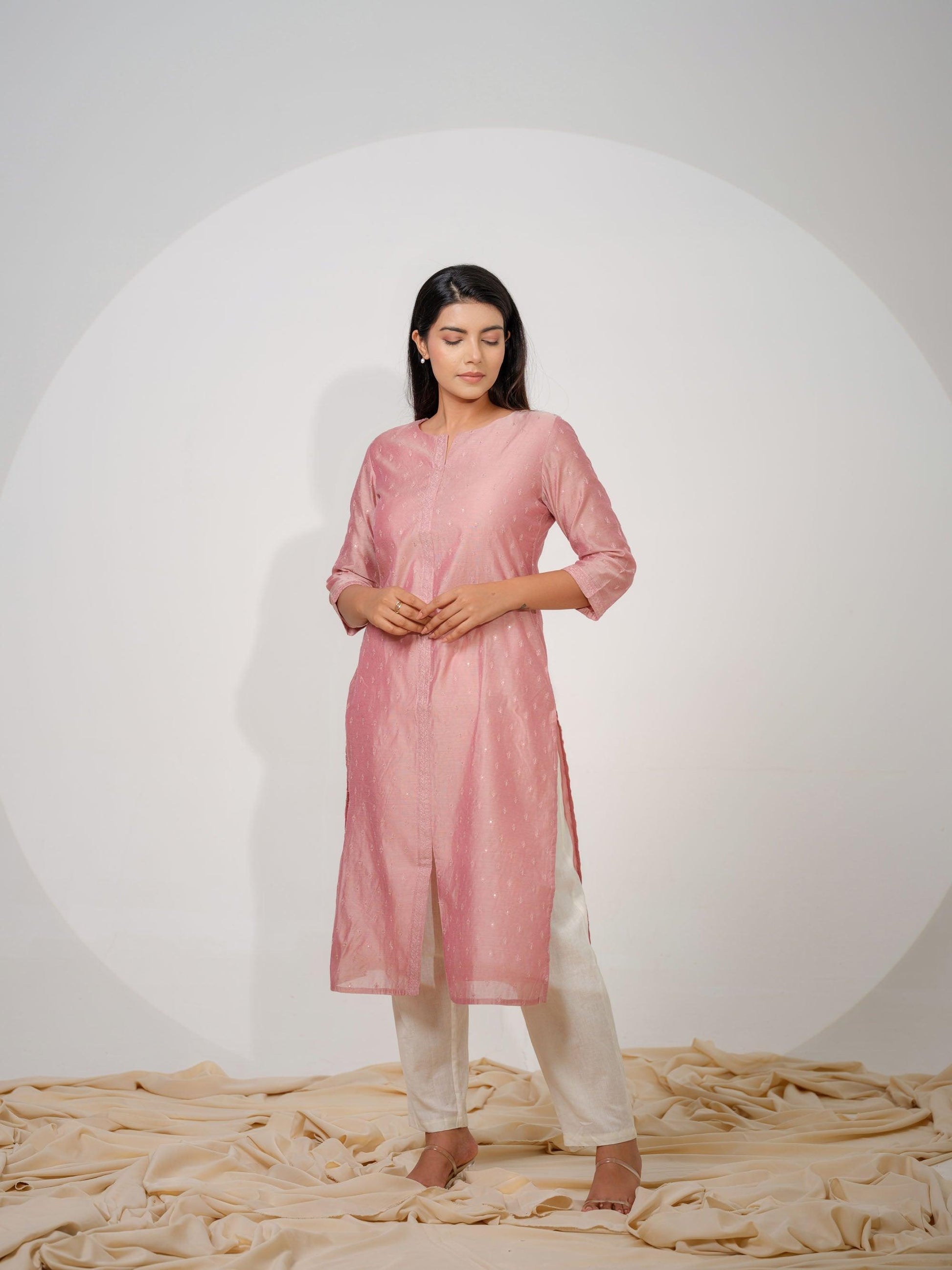 Chanderi Kurta With All Over Self Sequined Embroidery - Etiquette Apparel 