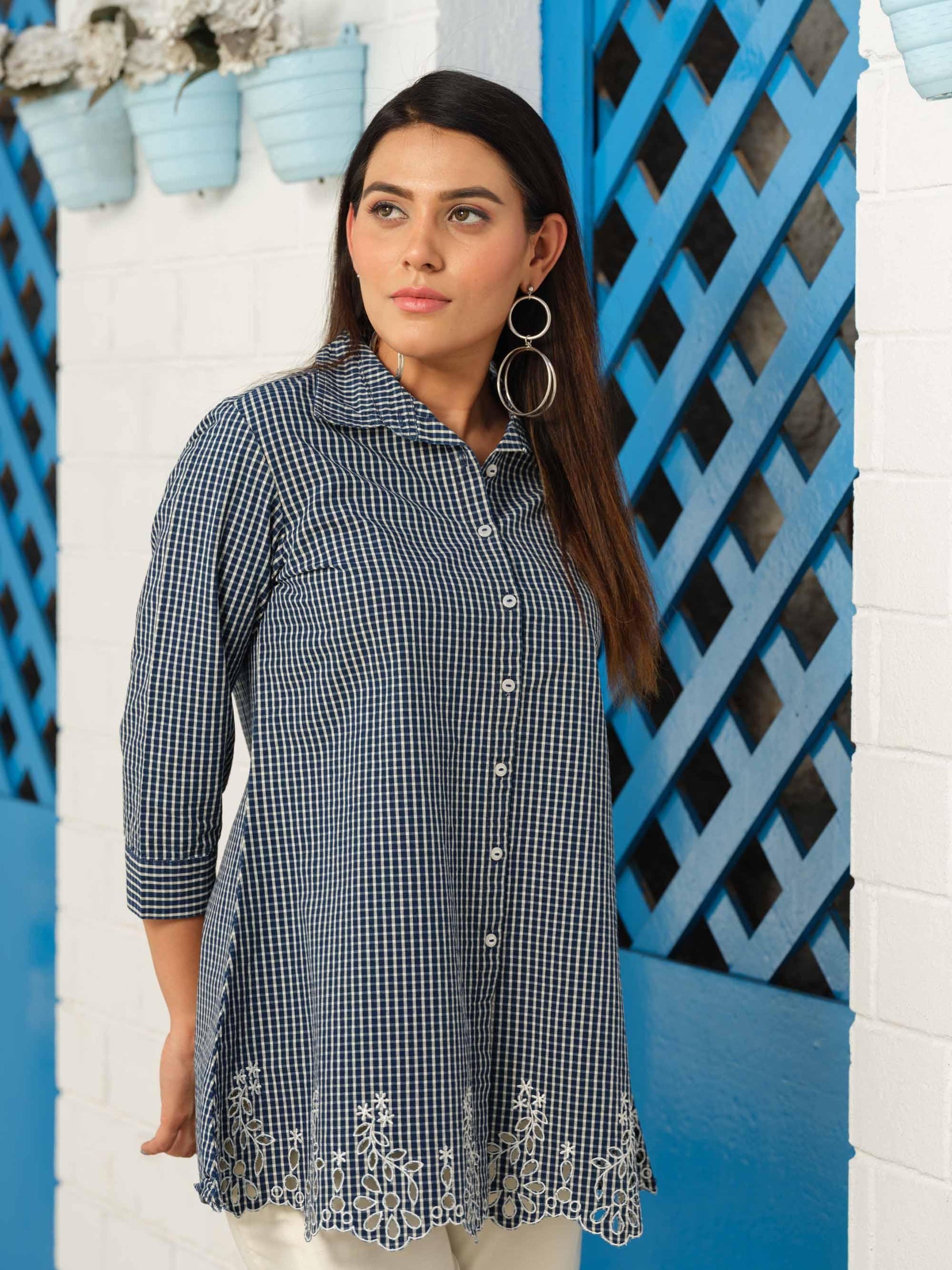 Checks top in shirt style with cutwork embroidery - Etiquette Apparel 