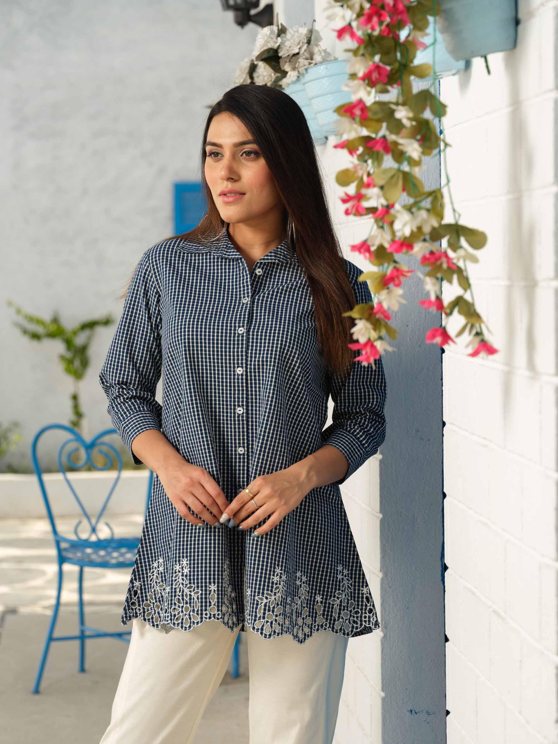 Checks top in shirt style with cutwork embroidery - Etiquette Apparel 