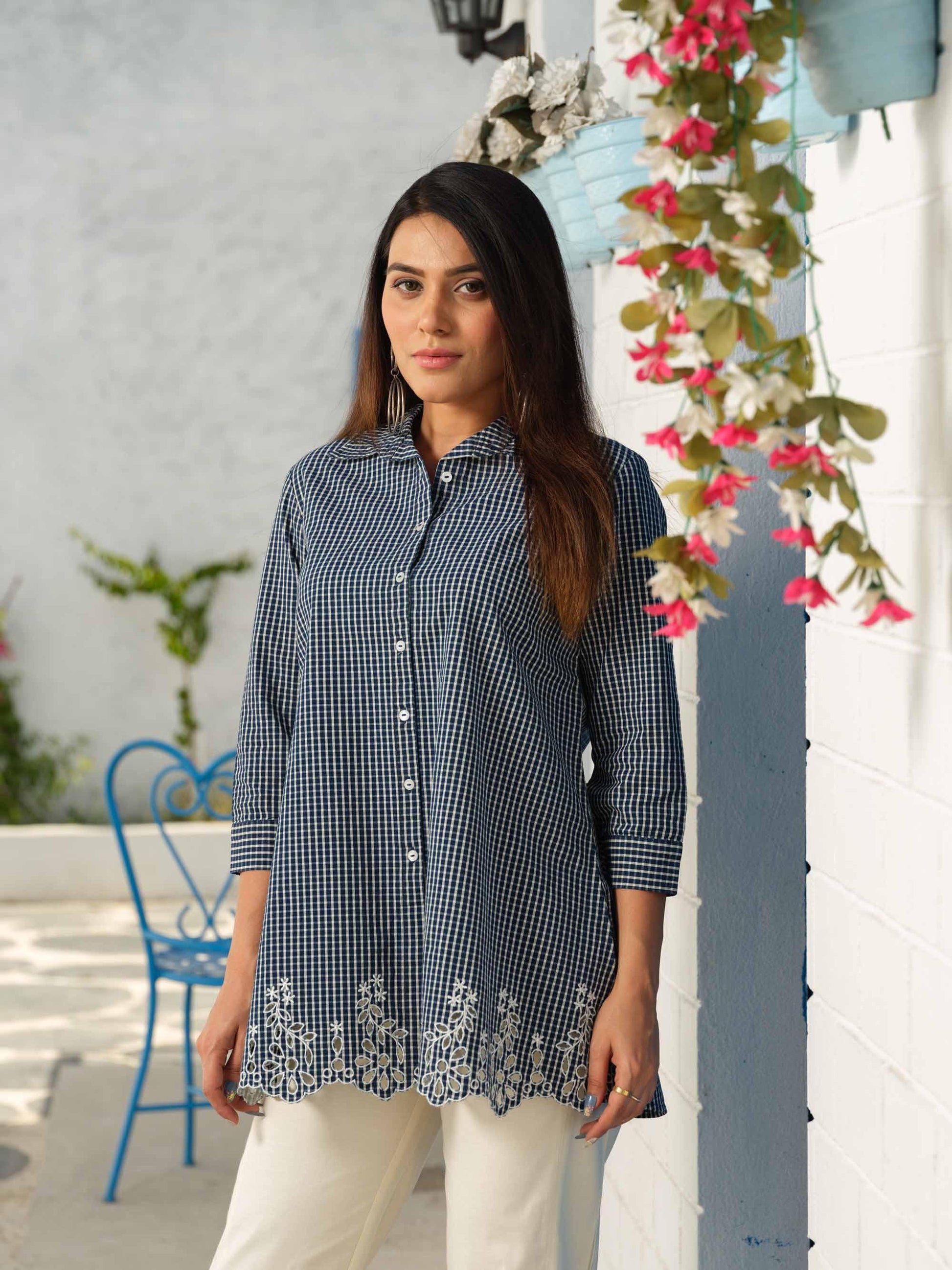 Checks top in shirt style with cutwork embroidery - Etiquette Apparel 