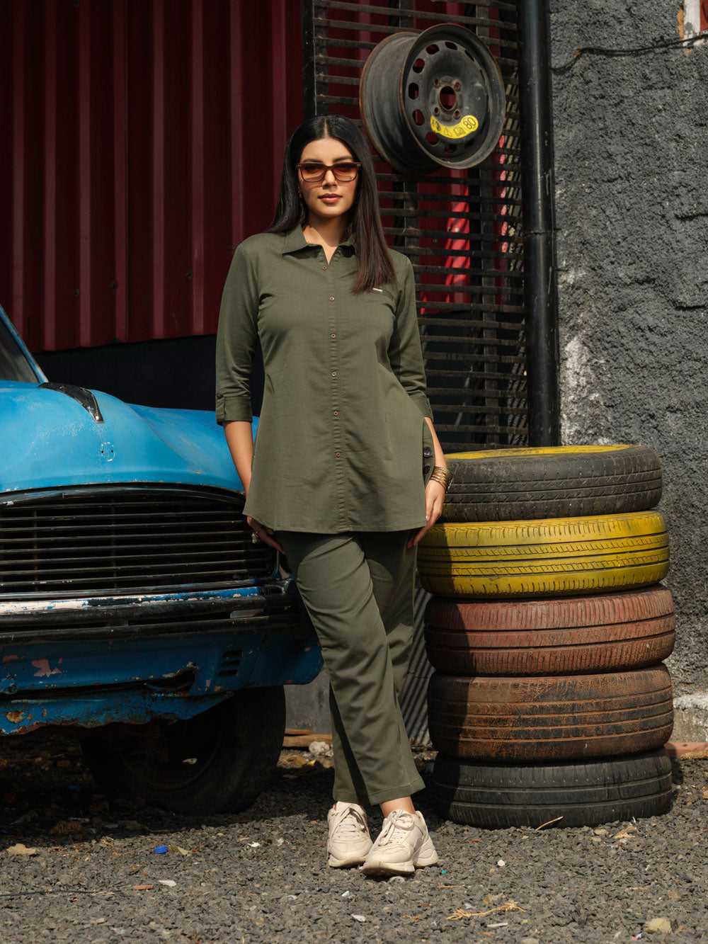 Coloured Denim shirt top with full loose pants - Etiquette Apparel 