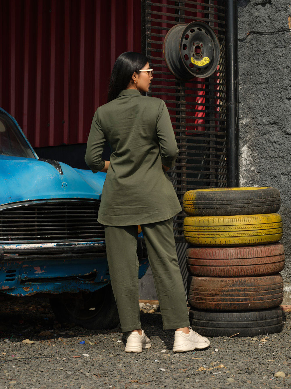 Coloured Denim shirt top with full loose pants Etiquette Apparel