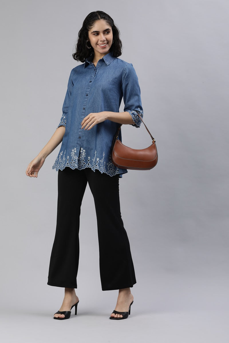 Denim Shirt Embroidery Top for Women with Stylish Shirt Collar - Etiquette Apparel
