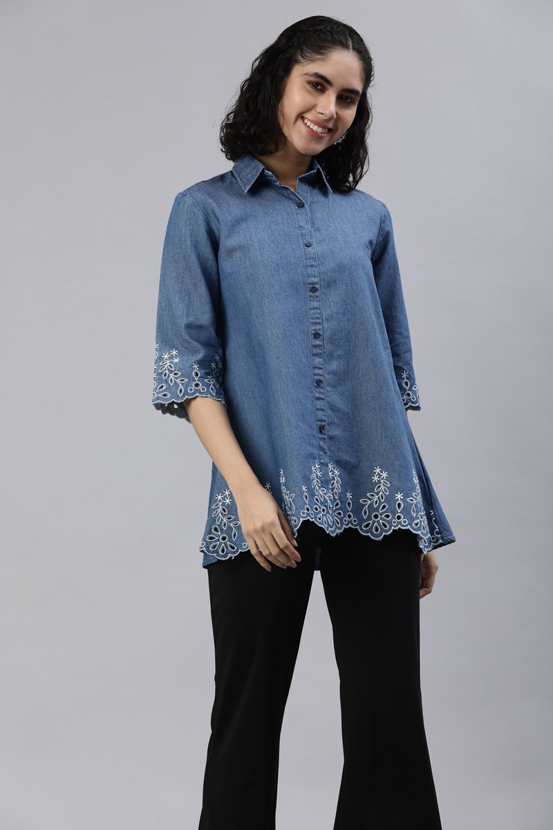 Denim Shirt Embroidery Top for Women with Stylish Shirt Collar - Etiquette Apparel