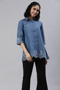 Denim Shirt Embroidery Top for Women with Stylish Shirt Collar - Etiquette Apparel