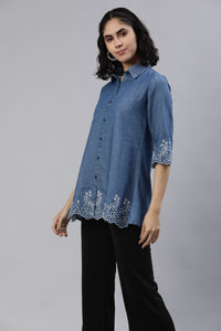 Denim Shirt Embroidery Top for Women with Stylish Shirt Collar - Etiquette Apparel
