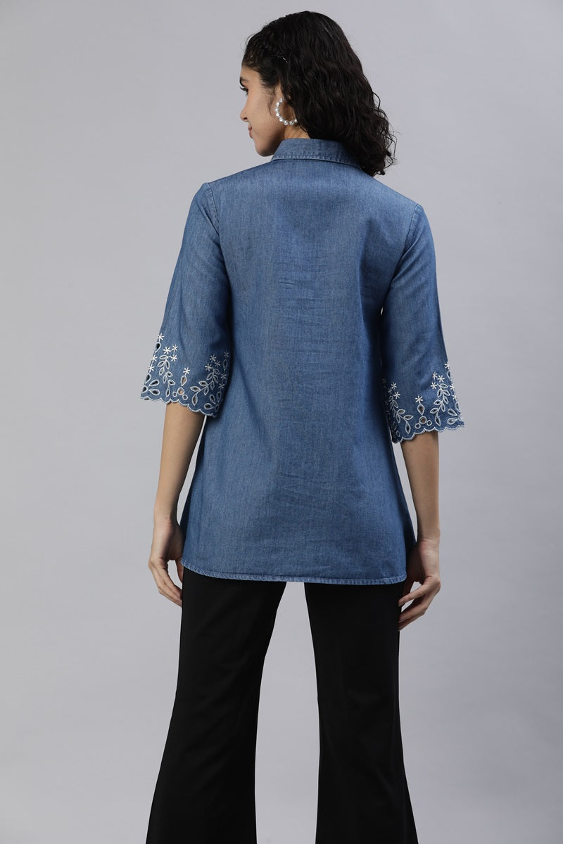 Shirt Collar Denim Top With Cutwork Embroidery