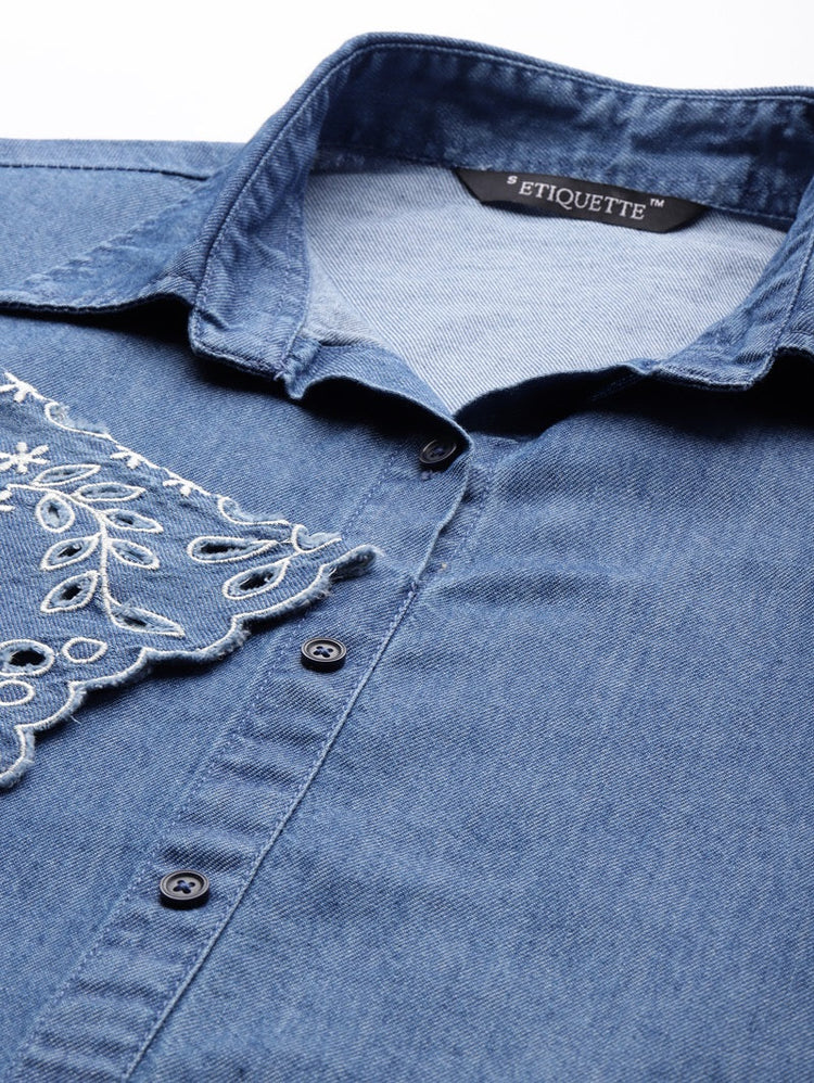 Shirt Collar Denim Top With Cutwork Embroidery