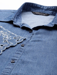 Denim Shirt Embroidery Top for Women with Stylish Shirt Collar - Etiquette Apparel