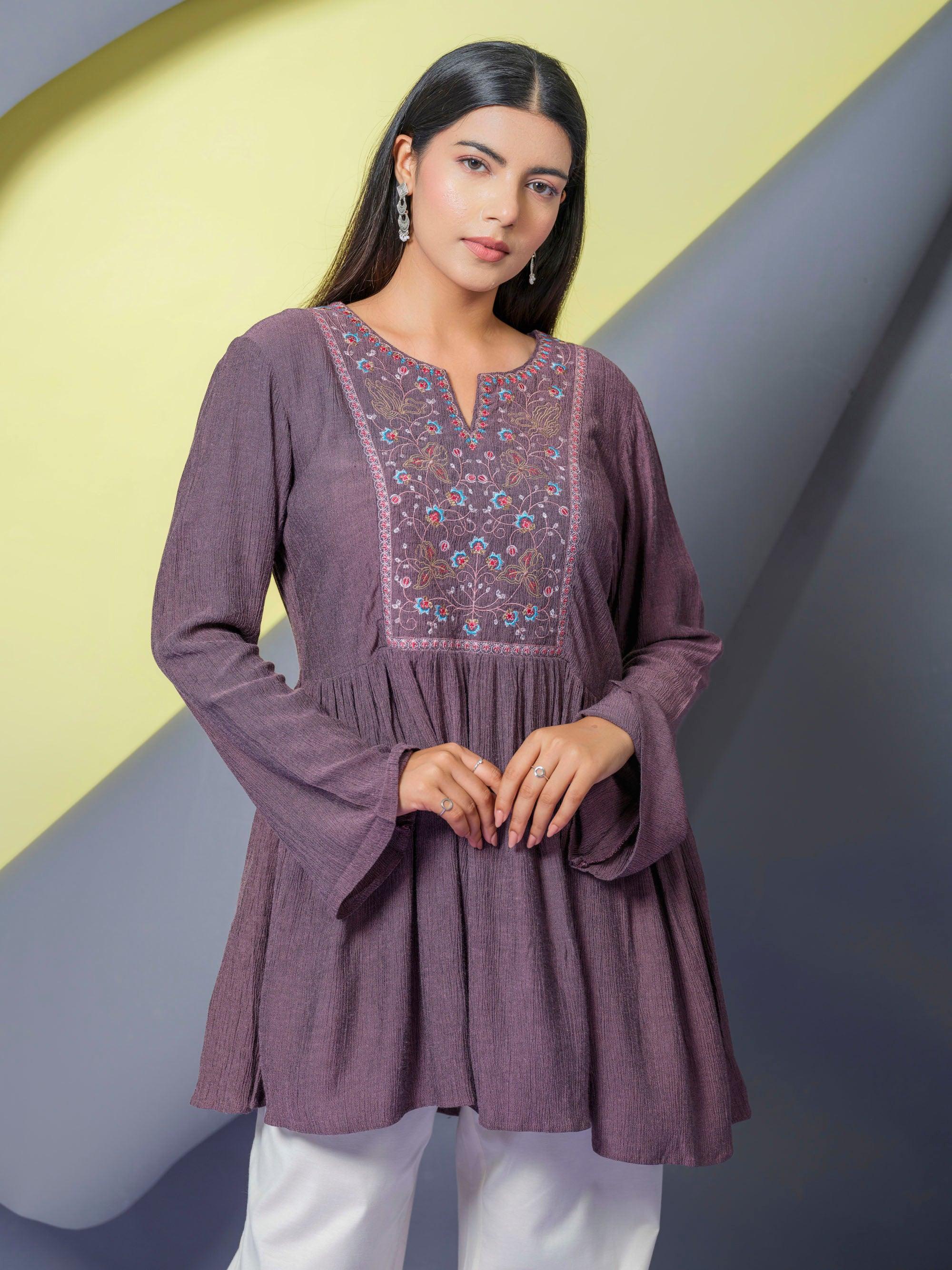 Crush Fabric Top With Embroidered Yoke Etiquette Apparel 1574